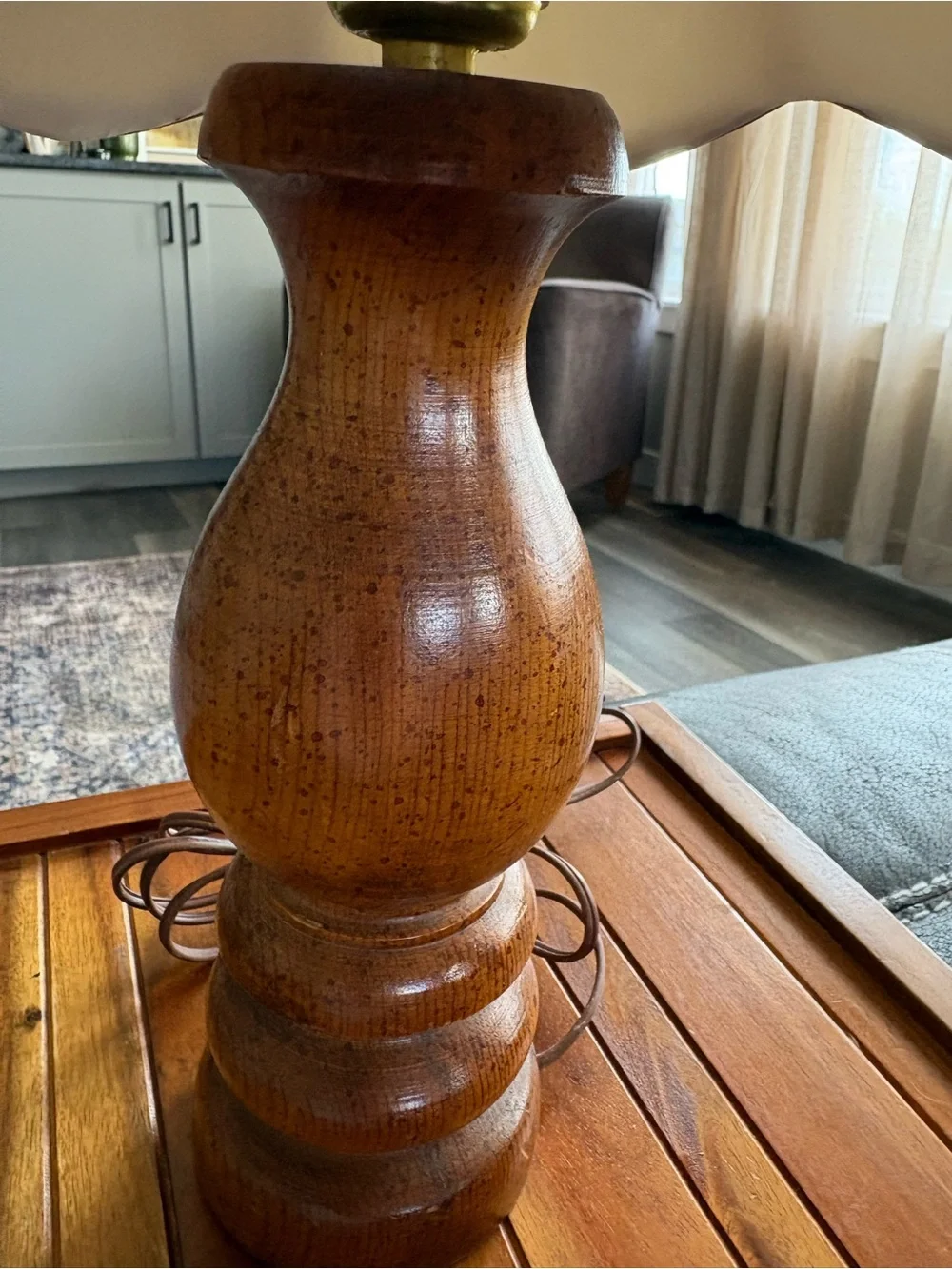 Vintage 1970s Turned Wood Table Lamp w Fabric Shade MCM Cottage Decor